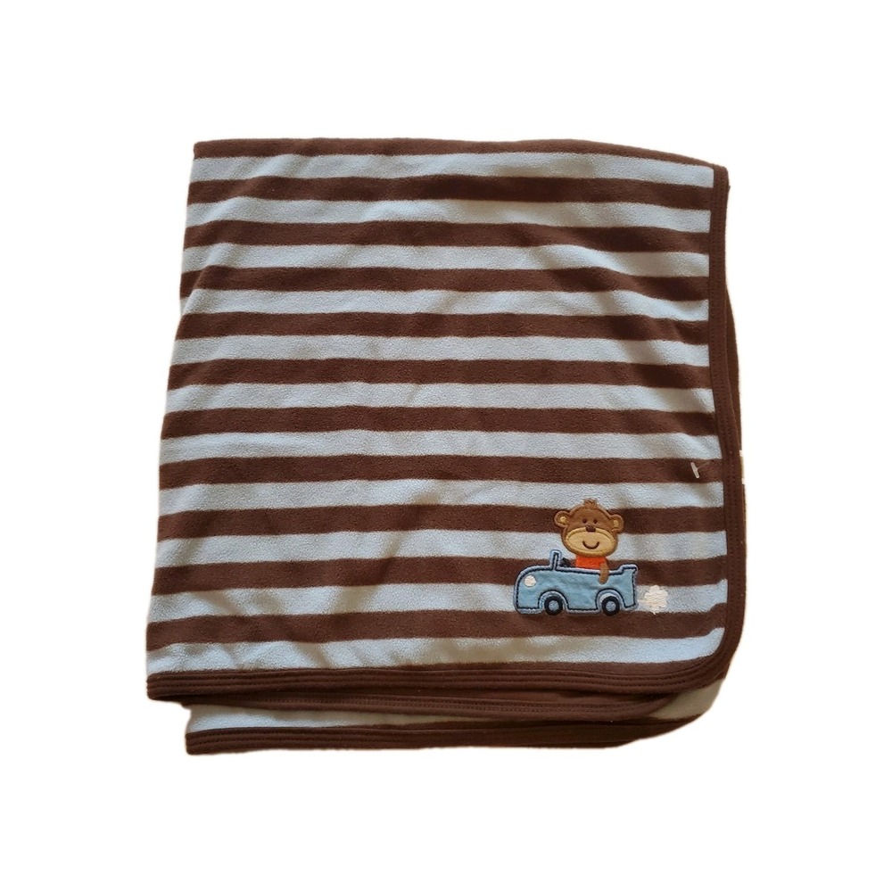 Carters Baby Blanket Brown & Blue Stripes‎ Monkey Driving Car 28" X 30"